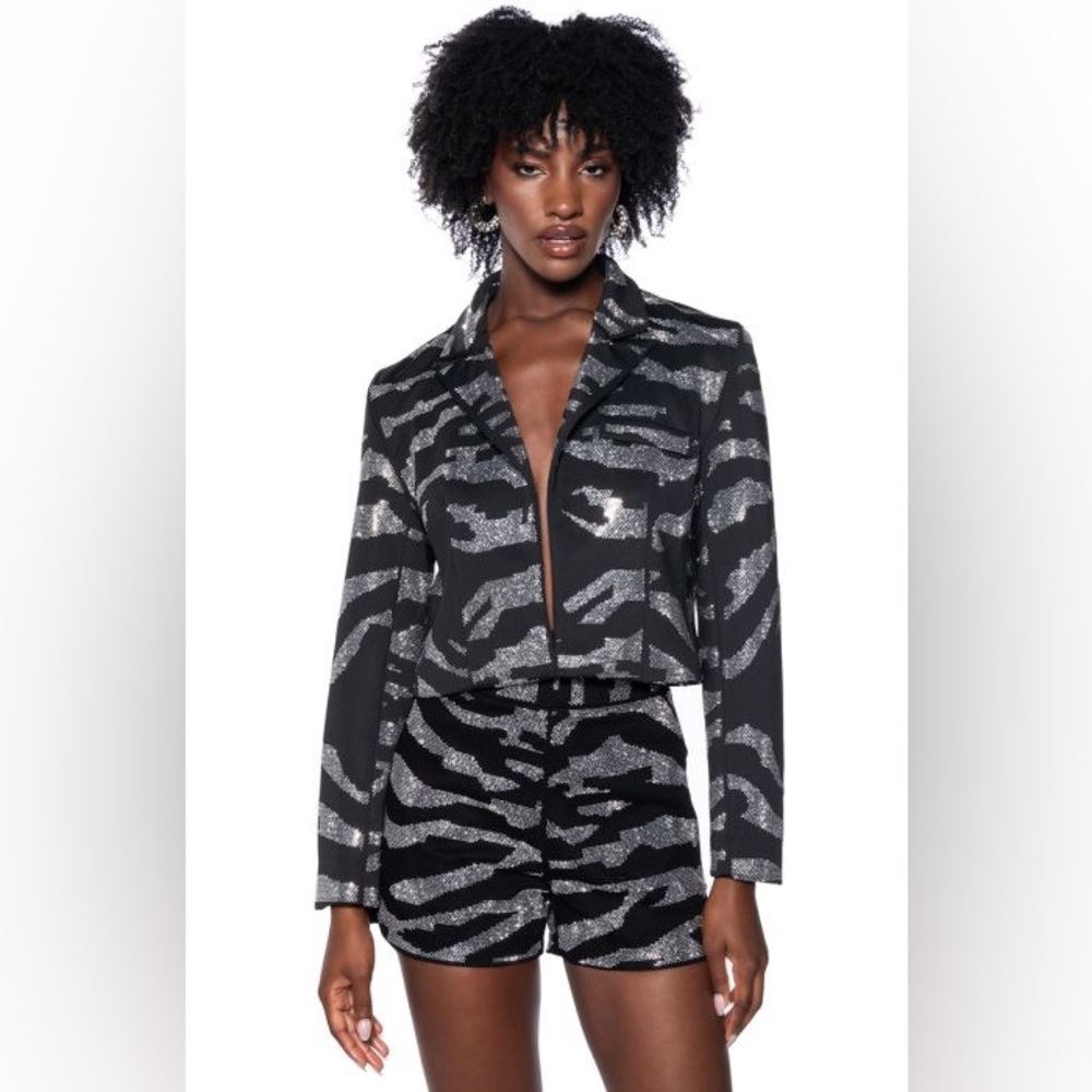 Pop Star Zebra Rhinestone Crop Blazer & Shorts